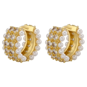 Golden double-row micro-set zircon and pearl hoop earrings for women in 18K gold plating