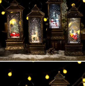 Close-up of vintage bronze Christmas lantern with a red truck and snow scene detail