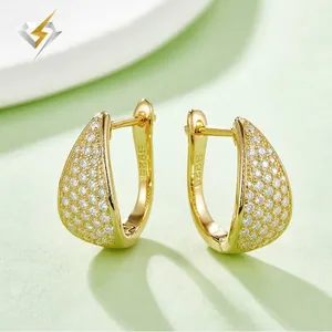 Elegant gold plated S925 silver U-shaped hoop earrings with sparkling pavé moissanite stones