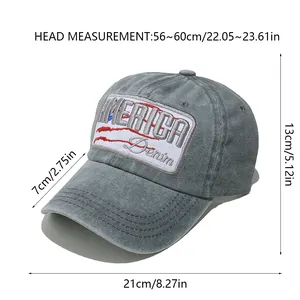 Size guide for vintage washed denim America baseball cap showing brim and height dimensions
