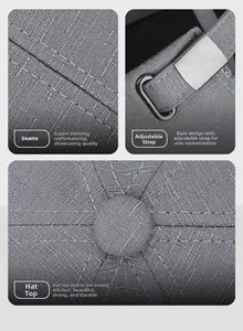 Detail view of grey baseball cap featuring precise stitching and adjustable back strap