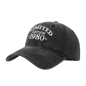 Vintage dark gray washed cotton baseball cap with Limited Edition 1980 white embroidery