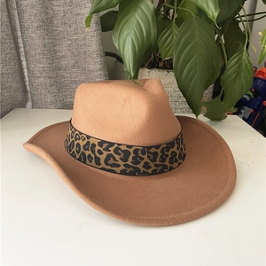 Detailed close-up of khaki wool fedora hat featuring a stylish leopard print ribbon band