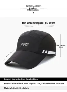 Detailed size chart for breathable quick-dry baseball cap with mesh side panels