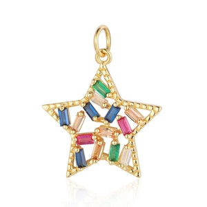 Macro detail of a golden star pendant featuring colorful rectangular gemstones on white back