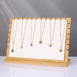 Bamboo Wood Necklace Display Stand PU Leather Velvet Padded Multiple Slots Jewelry Organizer Board For Desktop Counter
