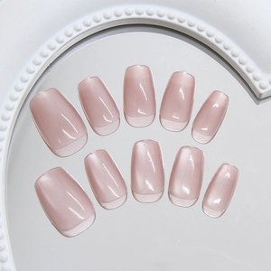 Pink cat eye press-on nails with white French tips, square-oval shape, 10 piece set