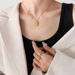 Golden titanium steel jewelry set with square moon pendant necklace and textured rings