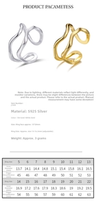 Detailed size chart and specifications for the S925 sterling silver hollow open ring