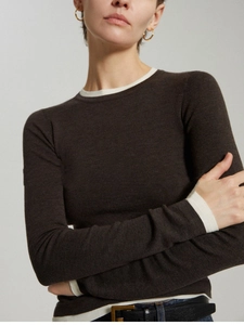 Slim fit contrast trim knit top in charcoal wool with white ribbed collar and cuffs