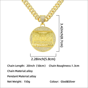 Hip hop gold plated Last Supper round pendant necklace with rhinestones and cuban chain