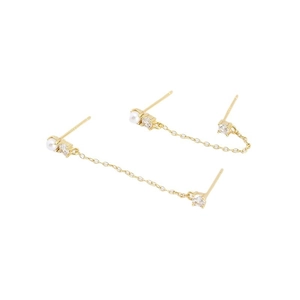 Elegant 925 silver gold-plated pearl earrings with diamond tassel for double piercings