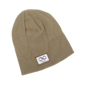 Detailed close-up of khaki knitted beanie featuring the Infinity patch and fine texture