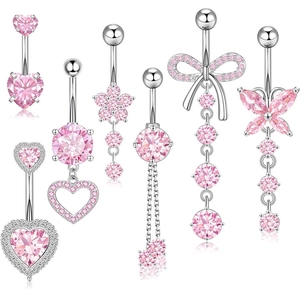 Stainless Steel Copper Belly Button Rings Heart Butterfly Flower Cubic Zirconia Dangle Navel Piercing Jewelry For Women