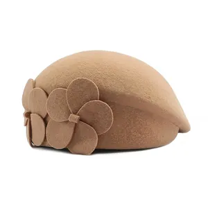 Elegant wool beret for women with 3D floral accents in solid beige for winter style