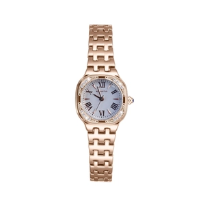 Rose gold square quartz watch for women with diamond bezel and blue Roman numeral dial