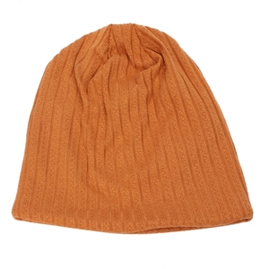 Minimalist dark orange ribbed knit beanie hat featuring elastic vertical striped texture