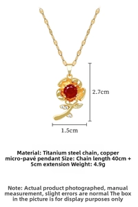 Detailed size chart for red rose flower necklace in titanium steel with dimensions