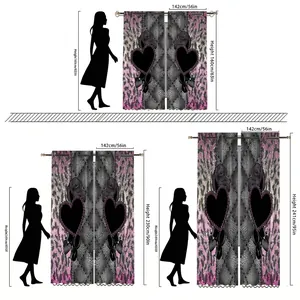 Pink leopard print curtains with heart patterns shown in three height size options