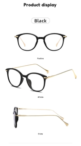 Detailed views of black cat-eye glasses frame with sleek gold metal temples and round tips