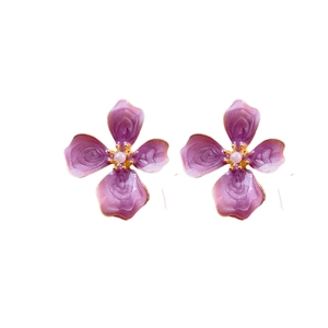 Elegant purple enamel flower stud earrings with gold edges and central pearl accents