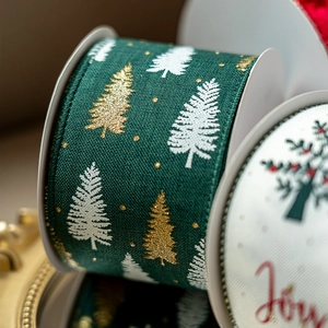 Dark green Christmas ribbon with gold tree patterns for holiday gift wrapping decoration