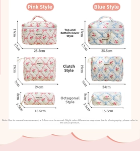 Size chart for quilted floral makeup bags including large box, clutch, and small pouch styles