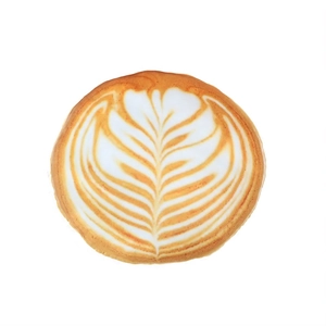 Round realistic coffee latte art plush pillow with brown and cream leaf pattern