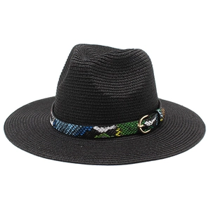 Fedora Straw Hat Wide Brim Sun Protection Summer Beach Jazz Cap With Snake Print Band For Women Men