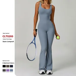 Women High Waist Butt Lifting Unitard Flared Leg Open Back Yoga Jumpsuit Top And Bottom Sleeveless Sports Bodysuit For Fitness Gym