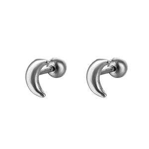 Minimalist silver crescent moon stud earrings with screw ball back closure for women