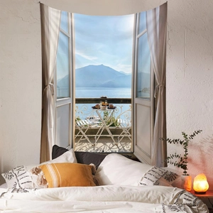 Detail of bohemian window view tapestry depicting a lakeside balcony scenery for bedroom