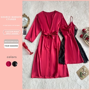 Peignoir En Satin Sexy Et Robe À Bretelles Avec Bordure En Dentelle Vêtements De Détente Pour Femmes Satin Imitation