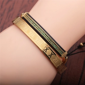Bracelet Jonc En Acier Inoxydable Chiffres Romains Et Bracelet Tressé Zircon Vert Bijoux De Mode Pour Hommes