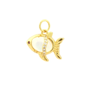 Macro shot of gold-plated 18K copper fish pendant with zircon and opal inlays