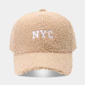 Classic camel faux shearling baseball cap with white NYC letter embroidery for winter