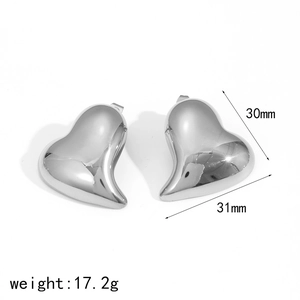 Polished silver heart stud earrings for women 31mm wide and 30mm high chunky jewelry