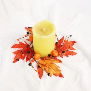 Maple leaf and pumpkin candle ring with yellow pillar candle for Halloween decoration