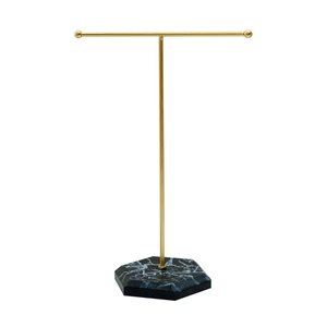 Nordic T-bar jewelry stand with gold metal rack and marble base for necklace display