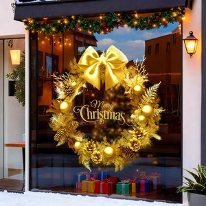 Golden Christmas wreath window sticker with Merry Christmas text for festive holiday decor