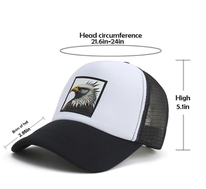 Mesh trucker hat size guide showing head circumference, height and brim measurements