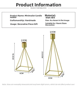 Size specifications for a set of two Nordic golden iron geometric taper candle holders