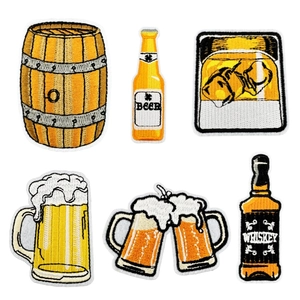 Beer Whiskey Embroidered Patches Polyester Iron On Decorative Applique For Clothing DIY Craft Accessory Heat Melt Backing