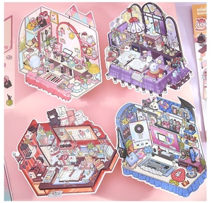 Detail of 3D cartoon room landscape stickers featuring cozy desk scene illustrations