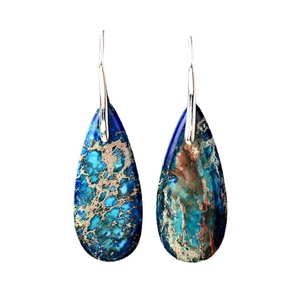 Bohemian style water drop earrings with blue emperor stone and silver hooks for women