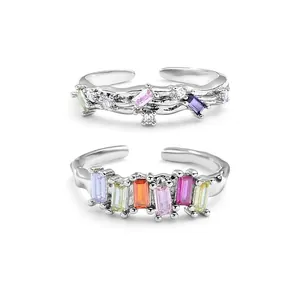 Rainbow Zircon Adjustable Open Ring Copper Baguette Cut Irregular Niche Minimalist Luxury Jewelry For Women