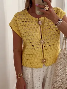 Hollow Knit Short Sleeve Cardigan Top Gold Sun Buttons Crochet V Neck Summer Resort Bohemian Style Women