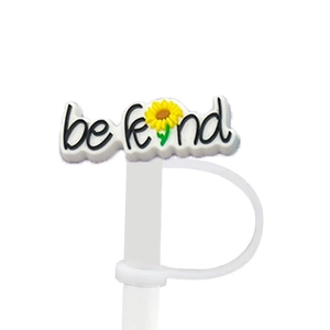 Detail showing silicone straw cover with Be Kind sunflower text on a white straw