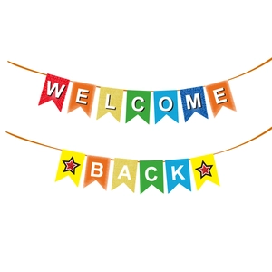Detail view of multi-colored Welcome Back banner with bright stars for party decor