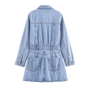 Back view of light blue long sleeve denim dress with waist pleats and rear pockets